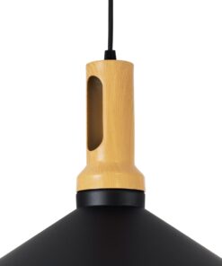 GloboStar® CALYPSO 01334-B Μοντέρνο Κρεμαστό Φωτιστικό Οροφής Μονόφωτο 1 x E27 Μαύρο – Χρυσό Μεταλλικό με Ξύλινη Βάση Καμπάνα Φ36 x Υ35cm