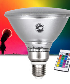 GloboStar® 60233 Λάμπα LED E27 PAR38 Κήπου Σκληρού Υάλου 18W 1200lm 60° AC 220-240V IP65 Φ12 x Υ13cm – Εναλλαγή Φωτισμού μέσω Τηλεχειριστηρίου – Πολύχρωμο RGB – 3 Years Warranty