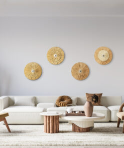 GloboStar® COLOMBO 02278 Boho Φωτιστικό Τοίχου – Απλίκα Μονόφωτο 1 x E27 AC 220-240V IP20 – Φ40 x Υ4.5cm – Μπεζ με Μπεζ Καφέ Φυσική Ράφια Άχυρο Πλέγμα – 5 Χρόνια Εγγύηση