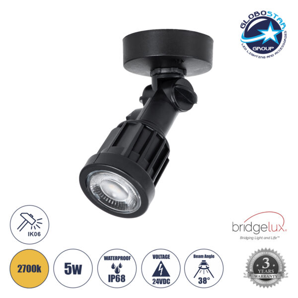 GloboStar® GARDENINI 61546 Επιφανειακό Φωτιστικό Σποτ Κήπου LED 5W 650lm 38° DC 24V IP68 Υψηλής Αντοχής ABS IK06 Φ7 x Υ14.5cm - Θερμό Λευκό 2700K Dimmable - Μαύρο - Bridgelux Chip - 3 Years Warranty