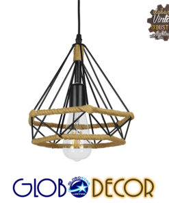 GloboStar® FLUTED 01421 Vintage Κρεμαστό Φωτιστικό Οροφής Μονόφωτο 1 x E27 Μαύρο Μεταλλικό με Μπεζ Σχοινί Φ25 x Υ24cm