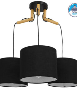 GloboStar® RAMSON 01525 Μοντέρνο Κρεμαστό Φωτιστικό Οροφής Τρίφωτο 3 x E27 Μαύρο με Ξύλο και Υφασμάτινα Καπελα Φ67 x Υ65cm