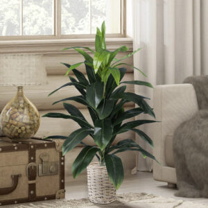 GloboStar® Artificial Garden DOMINGO 20591 Διακοσμητικό Πλεκτό Καλάθι – Κασπώ Γλάστρα – Flower Pot Λευκό με Μπεζ Φ16 x Υ18cm