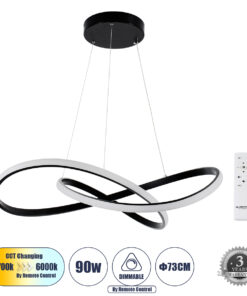 GloboStar® DEXTER 60913 Κρεμαστό Φωτιστικό Οροφής Design LED CCT 90W 10080lm 300° AC 220-240V – Εναλλαγή Φωτισμού μέσω Τηλεχειριστηρίου All In One Ψυχρό 6000k+Φυσικό 4500k+Θερμό 2700k Dimmable Φ73cm – Μαύρο – 3 Years Warranty