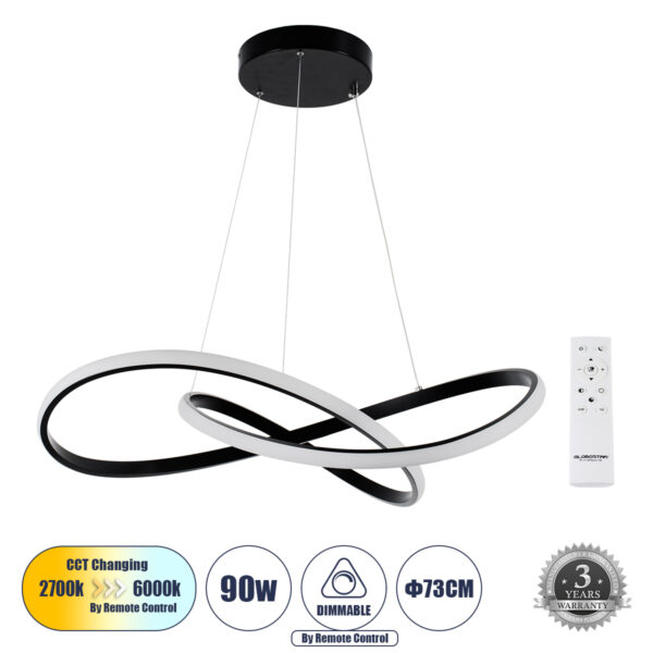 GloboStar® DEXTER 60913 Κρεμαστό Φωτιστικό Οροφής Design LED CCT 90W 10080lm 300° AC 220-240V - Εναλλαγή Φωτισμού μέσω Τηλεχειριστηρίου All In One Ψυχρό 6000k+Φυσικό 4500k+Θερμό 2700k Dimmable Φ73cm - Μαύρο - 3 Years Warranty