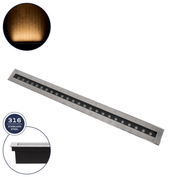 GloboStar® UNDERGROUND-REMVI 90194 Χωνευτό Φωτιστικό Wall Washer Δαπέδου LED 24W 2160lm 10° DC 24V Αδιάβροχο IP68 L100 x W9 x H7.2cm Θερμό Λευκό 2700K - Ανοξείδωτο Ατσάλι - 3 Years Warranty