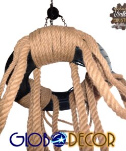 GloboStar® RUNNER 01115 Vintage Industrial Κρεμαστό Φωτιστικό Οροφής Πολύφωτο 6 x E27 Μαύρο με Μπεζ Σχοινί Φ45 x Y60cm