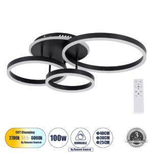 GloboStar® VENOM 61123 Φωτιστικό Οροφής Δαχτυλίδι-Κύκλος LED CCT 100W 12100lm 360° AC 220-240V – Εναλλαγή Φωτισμού μέσω Τηλεχειριστηρίου All In One Ψυχρό 6000k+Φυσικό 4500k+Θερμό 2700k Dimmable Φ25+30+40cm+BackLight – Μαύρο – 3 Years Warranty