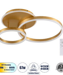 GloboStar® VENOM 61122 Φωτιστικό Οροφής Δαχτυλίδι-Κύκλος LED CCT 67W 8107lm 360° AC 220-240V – Εναλλαγή Φωτισμού μέσω Τηλεχειριστηρίου All In One Ψυχρό 6000k+Φυσικό 4500k+Θερμό 2700k Dimmable Φ25+40cm+BackLight – Χρυσό Βούρτσας – 3 Years Warranty