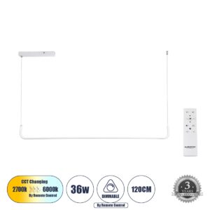 GloboStar® LINARIA 60922 Κρεμαστό Φωτιστικό Οροφής Design LED CCT 36W 4150lm 200° AC 220-240V – Εναλλαγή Φωτισμού μέσω Τηλεχειριστηρίου All In One Ψυχρό 6000k+Φυσικό 4500k+Θερμό 2700k Dimmable Μ120 x Π2 x Υ10cm – Λευκό – 3 Years Warranty