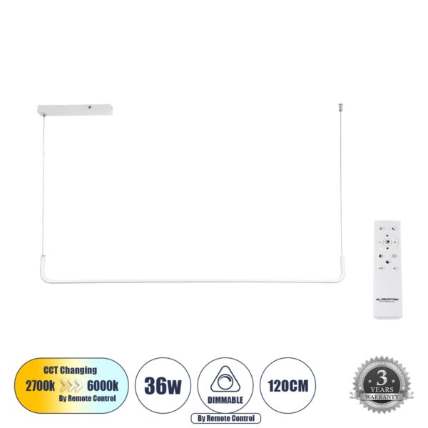 GloboStar® LINARIA 60922 Κρεμαστό Φωτιστικό Οροφής Design LED CCT 36W 4150lm 200° AC 220-240V – Εναλλαγή Φωτισμού μέσω Τηλεχειριστηρίου All In One Ψυχρό 6000k+Φυσικό 4500k+Θερμό 2700k Dimmable Μ120 x Π2 x Υ10cm – Λευκό – 3 Years Warranty