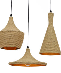 GloboStar® SHANGHAI ROPE 00875 SET 3 Μοντέρνα Κρεμαστά Φωτιστικά Οροφής Τρίφωτο 3 x E27 με Μπεζ Σχοινί Μεταλλικά Καμπάνα