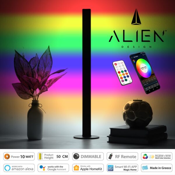 GloboStar® ALIEN-DIVA-BLACK-50-12 ALIEN Design DIVA Μοντέρνο Minimal Nordic Μεταλλικό Φωτιστικό Επιτραπέζιο - Πορτατίφ - Λαμπατέρ Μαύρο LED 10W 1500lm με Ασύρματο Χειριστήριο RF & Dimmer IP20 Πολύχρωμο RGBW + WW Smart Home Wi-Fi Μ3 x Π1.6 x Υ50cm