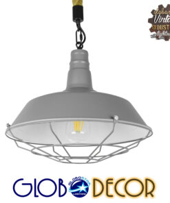 GloboStar® LUCI 01411 Vintage Industrial Κρεμαστό Φωτιστικό Οροφής Μονόφωτο 1 x E27 Γκρι Λευκό Μεταλλικό Καμπάνα Πλέγμα με Μπεζ Σχοινί Φ36 x Υ31cm