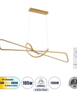 GloboStar® DOLORES 61282 Κρεμαστό Φωτιστικό Οροφής Design LED CCT 105W 11760lm 300° AC 220-240V – Εναλλαγή Φωτισμού μέσω Τηλεχειριστηρίου All In One Ψυχρό 6000k+Φυσικό 4500k+Θερμό 2700k Dimmable Μ110 x Π17 x Υ17.5cm – Χρυσό Βούρτσας – 3 Years Warranty