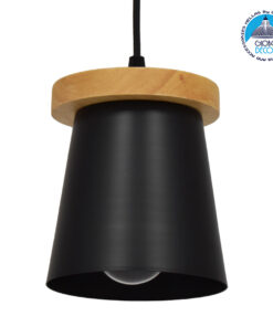 GloboStar® LANA 01424 Μοντέρνο Κρεμαστό Φωτιστικό Οροφής Μονόφωτο 1 x E27 με Ξύλινη Βάση και Μαύρο Καπέλο Φ13 x Y17cm