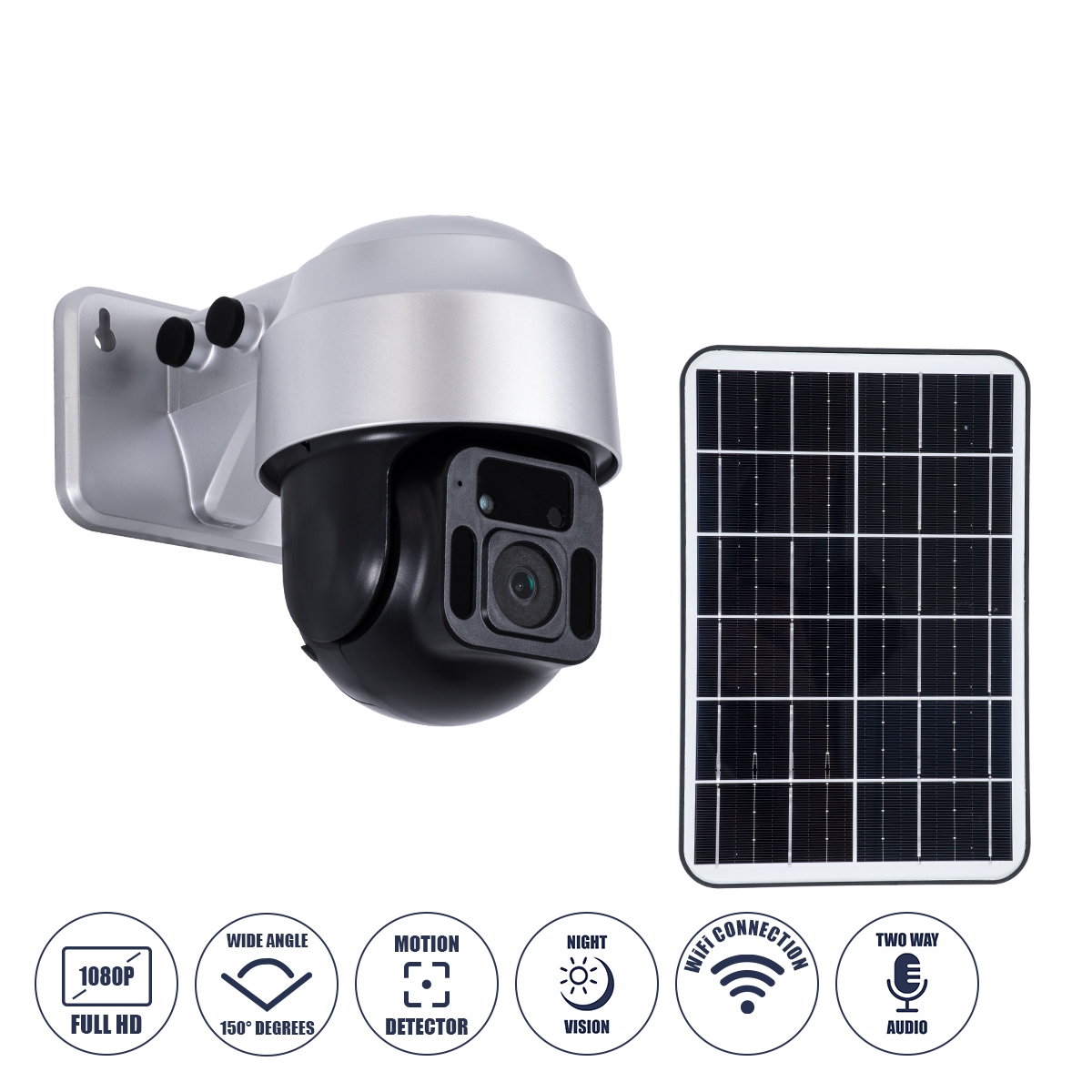 GloboStar® 86049 Αυτόνομη Ηλιακή Camera 1080P 2MP WiFi 150° Μπαταρία 3200mAh Φωτοβολταϊκό Πάνελ Αισθητήρα Ημέρας-Νύχτας & Ρύθμιση Χρόνου Διπλή Κατέυθυνση Ομιλίας Αδιάβροχη IP66 Ψυχρό Λευκό 6000K – Ασημί