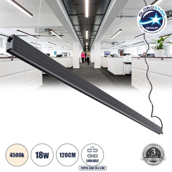 GloboStar® MARKET 61021-P Γραμμικό Κρεμαστό Φωτιστικό Linear LED 18W 2200lm 60° AC 220-240V Μ120 x Π2 x Υ4cm Φυσικό Λευκό 4500K - Μαύρο - 3 Years Warranty