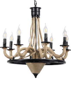 GloboStar® PENNSYLVANIA 00542 Vintage Κρεμαστό Φωτιστικό Οροφής Πολύφωτο 8 x E14 Μαύρο Μεταλλικό Πολυέλαιος με Μπεζ Σχοινί Φ64 x Y63cm