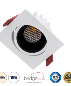 GloboStar® LEO-SQ 60288 Χωνευτό LED Spot Downlight TrimLess Μ8.5xΠ8.5cm 10W 1300lm 38° AC 220-240V IP20 Μ8.5 x Π8.5 x Υ6.6cm – Τετράγωνο – Κινούμενο – Λευκό με Μαύρο Κάτοπτρο & Anti-Glare HoneyComb – Φυσικό Λευκό 4500K – Bridgelux COB – 5 Years Warranty