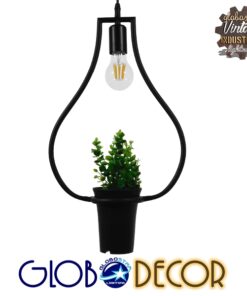 GloboStar® FLOWERPOT 10001210 Μοντέρνο Κρεμαστό Φωτιστικό Οροφής Μονόφωτο 1 x E27 Μαύρο Μεταλλικό με Διακοσμητικό Φυτό Φ27 x Y40cm