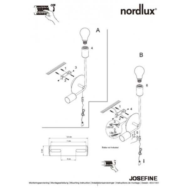Nordlux Josefine Φωτιστικό Τοίχου Matt Μαύρο E27  Μεταλλικό –  48941003
