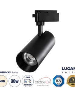 GloboStar® LUGANO 60816 Μονοφασικό Φωτιστικό Σποτ Ράγας LED 30W 3750lm 36° Acrylic HQ LENS AC 220-240V IP20 Φ7.5 x Υ22.7cm Φυσικό Λευκό 4500K – EUROTRACK® System 1L+1N – Μαύρο – Bridgelux Chip – TÜV Certified Driver – 5 Χρόνια Εγγύηση