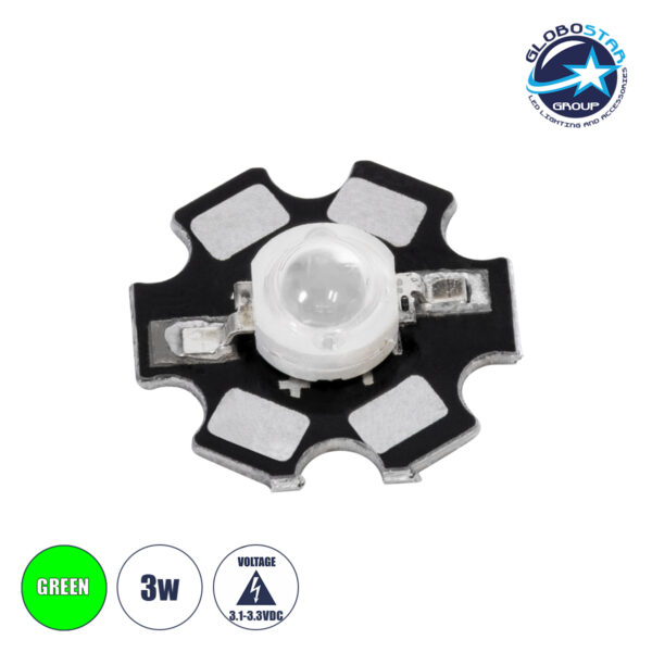 GloboStar® 73750 High Power Star LED - Υψηλής Ισχύος Star LED 3W DC 3.2V Πράσινο Φ2 x Υ0.6cm - 2 Χρόνια Εγγύηση