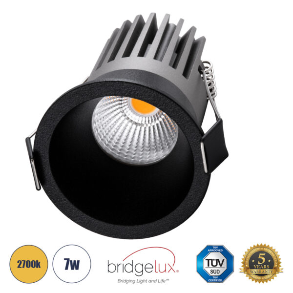 GloboStar® MICRO-B 60245 Χωνευτό LED Spot Downlight TrimLess Φ6cm 7W 875lm 38° AC 220-240V IP20 Φ6 x Υ7.8cm - Στρόγγυλο - Μαύρο - Θερμό Λευκό 2700K - Bridgelux COB - 5 Years Warranty