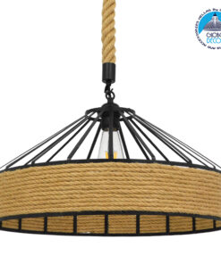 GloboStar® POLI 01147 Vintage Κρεμαστό Φωτιστικό Οροφής Μονόφωτο 1 x E27 Μαύρο Μεταλλικό με Μπεζ Σχοινί Φ50 x Y25cm