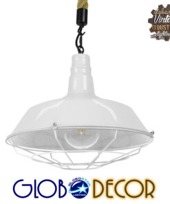 GloboStar® PUPPET 01412 Vintage Industrial Κρεμαστό Φωτιστικό Οροφής Μονόφωτο 1 x E27 Λευκό Γυαλιστερό Μεταλλικό Καμπάνα Πλέγμα με Μπεζ Σχοινί Φ36 x Υ31cm