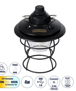 GloboStar® 85695 Αυτόνομο Φανάρι Camping LED 4W USB 2.0 με Επαναφορτιζόμενη Μπαταρία 1 x 18650 2000mAh Li-ion Power Bank IP20 Dimmable Μαύρο με Διάφανο Γυαλί CCT Εναλλαγή Φωτισμού μέσω On/Off All In One Ψυχρό 6000K+Φυσικό 4500K+Θερμό 2700K Φ13.5 x Υ17.5cm
