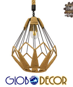 GloboStar® CONICAL 01617 Vintage Κρεμαστό Φωτιστικό Οροφής Μονόφωτο 1 x E27 Πλέγμα με Μπεζ Σχοινί Φ31 x Υ38cm