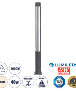 GloboStar® CANCUN 61509 Urban Light Φωτιστικό Πάρκου – Πλατείας – Κήπου Ύψους 2 μέτρων LED 40W 5440lm 60° AC100-240VAC IP67 IK09 – D15.5 x H200cm – Anthracite Grey – Φυσικό Λευκό 4000K – LUMILEDS – MEAN WELL DRIVER – 5 Years Warranty