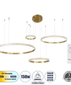 GloboStar® DIAMOND TETRA 61149 Κρεμαστό Φωτιστικό Δαχτυλίδι-Κύκλος LED CCT 150W 18379lm 360° AC 220-240V – Εναλλαγή Φωτισμού μέσω Τηλεχειριστηρίου All In One Ψυχρό 6000k+Φυσικό 4500k+Θερμό 2700k Dimmable Φ25+40+60+80cm – Χρυσό Βούρτσας – 3 Years Warranty