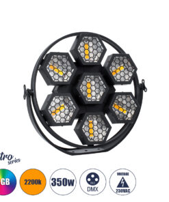 GloboStar® 51195 HALO HEXA Επαγγελματικό Φωτιστικό Ειδικών Εφέ DIGITAL MATRIX PIXEL & Blinder – 7 x 50W LED COB Chips Ultra Gold Warm White 2200K & 168 x 0.5W LED SMD5050 Chips RGB – AC 220V-240V DMX512 Display on Body – Μαύρο – Μ50 x Π10.5 x Υ47cm