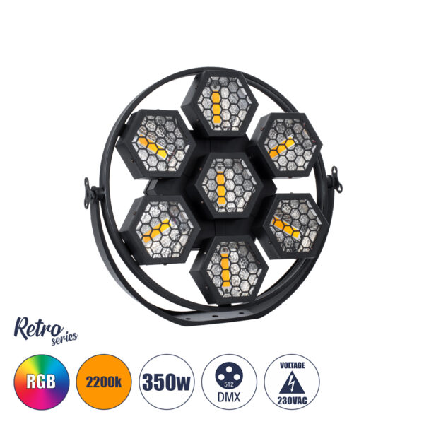 GloboStar® 51195 HALO HEXA Επαγγελματικό Φωτιστικό Ειδικών Εφέ DIGITAL MATRIX PIXEL & Blinder - 7 x 50W LED COB Chips Ultra Gold Warm White 2200K & 168 x 0.5W LED SMD5050 Chips RGB - AC 220V-240V DMX512 Display on Body - Μαύρο - Μ50 x Π10.5 x Υ47cm