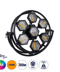 GloboStar® 51196 HALO HEXA Επαγγελματικό Φωτιστικό Ειδικών Εφέ DIGITAL MATRIX PIXEL & Blinder – 7 x 100W LED COB Chips Ultra Gold Warm White 2200K & 168 x 0.5W LED SMD5050 Chips RGB – AC 220V-240V DMX512 Display on Body – Μαύρο – Μ95 x Π17.5 x Υ78.5cm