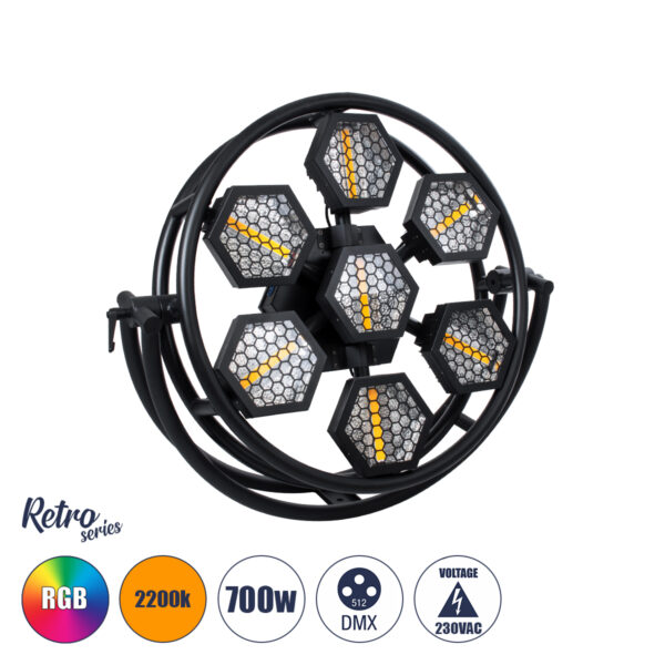 GloboStar® 51196 HALO HEXA Επαγγελματικό Φωτιστικό Ειδικών Εφέ DIGITAL MATRIX PIXEL & Blinder - 7 x 100W LED COB Chips Ultra Gold Warm White 2200K & 168 x 0.5W LED SMD5050 Chips RGB - AC 220V-240V DMX512 Display on Body - Μαύρο - Μ95 x Π17.5 x Υ78.5cm