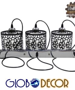 GloboStar® FELICIA 01247 Μοντέρνο Κρεμαστό Φωτιστικό Οροφής Τρίφωτο 3 x E27 Μαύρο Μεταλλικό Πλέγμα με Λευκό Γυαλί Μ62 x Π15 x Υ19cm