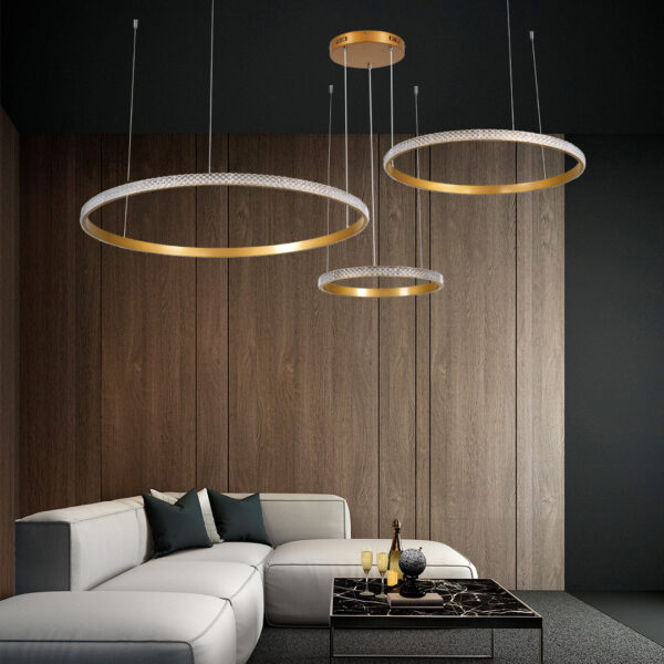 GloboStar® DIAMOND TRIO 61145 Κρεμαστό Φωτιστικό Δαχτυλίδι-Κύκλος LED CCT 120W 14723lm 360° AC 220-240V – Εναλλαγή Φωτισμού μέσω Τηλεχειριστηρίου All In One Ψυχρό 6000k+Φυσικό 4500k+Θερμό 2700k Dimmable Φ40+60+80cm – Χρυσό Βούρτσας – 3 Years Warranty