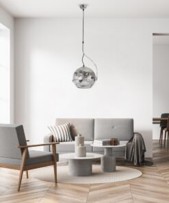 GloboStar® GLASSO 60928 Μοντέρνο Κρεμαστό Φωτιστικό Οροφής Μονόφωτο 1 x E27 Φιμέ Καθρεπτιζέ Νίκελ Γυάλινη Μπάλα με Μεταλλικό Επιχρωμιωμένο Σώμα Φ27 x Υ52cm