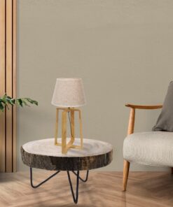 GloboStar® SQUID 01265 Μοντέρνο Επιτραπέζιο Φωτιστικό Πορτατίφ Μονόφωτο Ξύλινο με Μπεζ Καπέλο Φ30 x Υ63cm