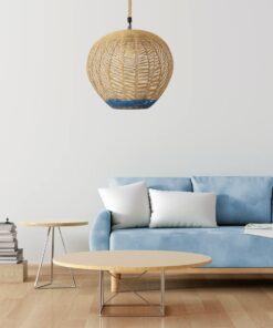 GloboStar® SIMON 00727 Vintage Κρεμαστό Φωτιστικό Οροφής Μονόφωτο 1 x E27 Μπεζ – Μπλε Καμπάνα με Σχοινί Φ50 x Υ47cm