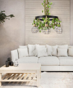 GloboStar® HELLET 01193 Vintage Industrial Κρεμαστό Φωτιστικό Οροφής Πολύφωτο 6 x E27 Μαύρο Μεταλλικό Πλέγμα με Μπεζ Σχοινί Φ72 x Y80cm