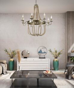 GloboStar® BAVARIAN 01405 Vintage Κρεμαστό Φωτιστικό Οροφής Πολύφωτο 8 x E14 Μπρούτζινο Σκουριά Μεταλλικό Πολυέλαιος με Μπεζ Σχοινί Φ87 x Υ80cm