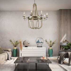 GloboStar® BAVARIAN 01405 Vintage Κρεμαστό Φωτιστικό Οροφής Πολύφωτο 8 x E14 Μπρούτζινο Σκουριά Μεταλλικό Πολυέλαιος με Μπεζ Σχοινί Φ87 x Υ80cm