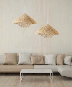 GloboStar® CHEOPE 01599 Vintage Κρεμαστό Φωτιστικό Οροφής Μονόφωτο 1 x E27 Μπεζ Ξύλινο Ψάθινο Rattan Φ45 x Υ35cm