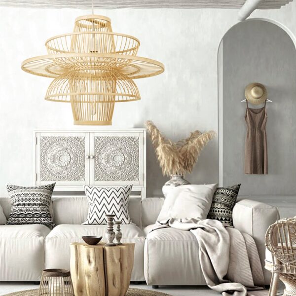GloboStar® BALI 00862 Vintage Κρεμαστό Φωτιστικό Οροφής Μονόφωτο 1 x E27 Μπεζ Ξύλινο Bamboo Φ60 x Y45cm