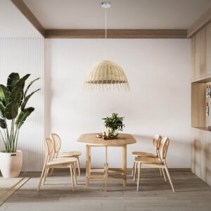 GloboStar® JAKARTA 00712 Vintage Κρεμαστό Φωτιστικό Οροφής Μονόφωτο 1 x E27 Μπέζ Ξύλινο Ψάθινο Bamboo Καμπάνα Φ50 x Y36cm
